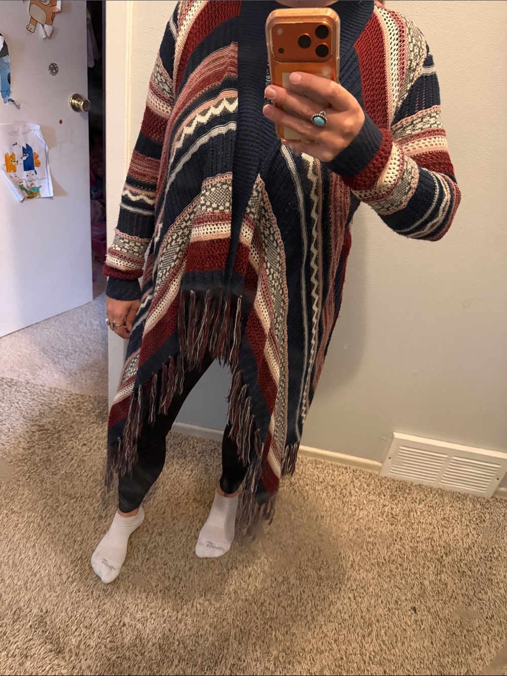 Almost Famous Navy, Burgundy & Cream Striped Fringe Poncho Sweater